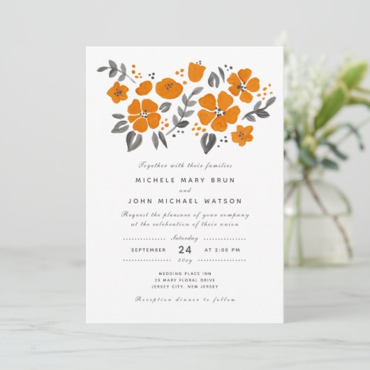 Invitation Joli Mariage Fleur de Chute Orange Brûlé (Debout devant)