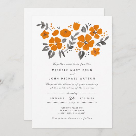 Invitation Joli Mariage Fleur de Chute Orange Brûlé (Devant / Derrière)