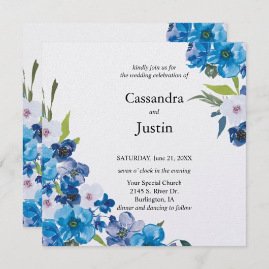 Invitation Joli Mariage Floral Bleu (Devant / Derrière)