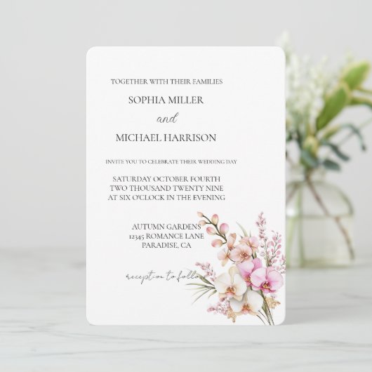 Invitation Joli Mariage floral d'orchidée rose (Debout devant)
