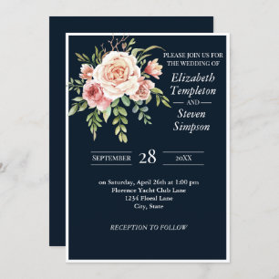 Invitation Joli Mariage floral moderne Marine rose gras