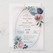 Invitation joli mariage géométrique bleu rose fleuri (Devant)