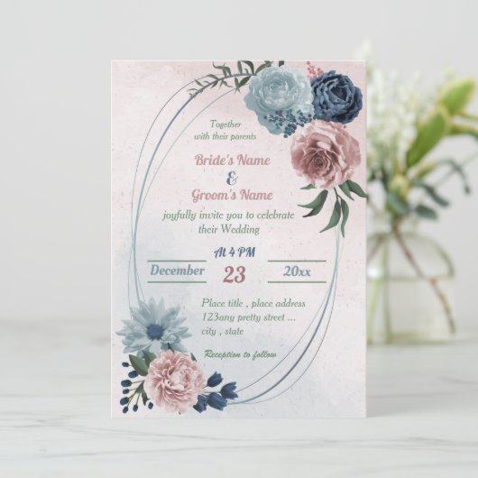 Invitation joli mariage géométrique bleu rose fleuri (Debout devant)