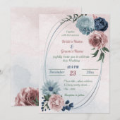 Invitation joli mariage géométrique bleu rose fleuri (Devant / Derrière)