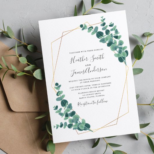 Invitation Joli Mariage géométrique de couronne Eucalyptus