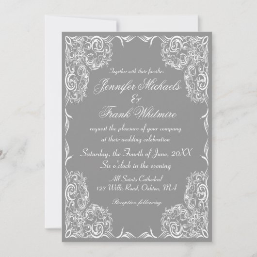 Invitation Joli Mariage gris cadre dentelle (Devant)