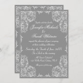 Invitation Joli Mariage gris cadre dentelle (Devant / Derrière)