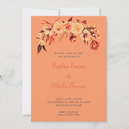 Invitation Joli Mariage orange bohème fleuri (Devant)