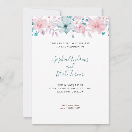 Invitation Joli Mariage rose et bleu Floral blanc (Devant)