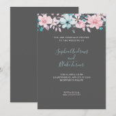 Invitation Joli Mariage rose et bleu Floral gris (Devant / Derrière)