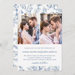 Invitation Joli modèle floral bleu deux Mariage photo