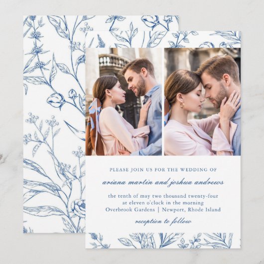 Invitation Joli modèle floral bleu deux Mariage photo (Devant / Derrière)