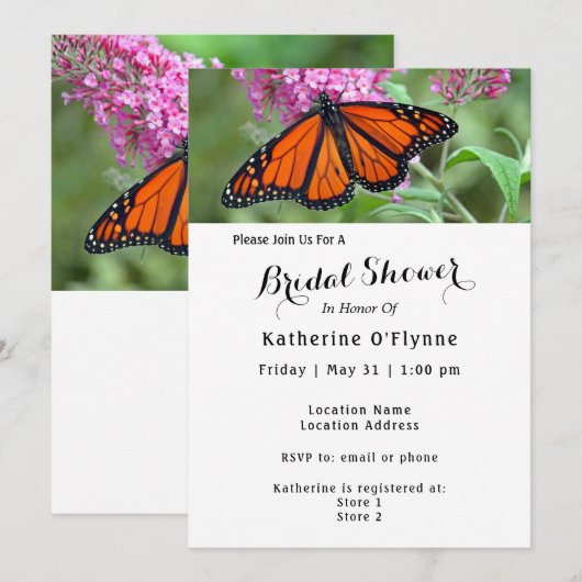 Invitation Joli monarque papillon rose Fête des mariées flora (Devant / Derrière)