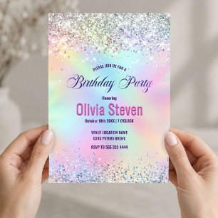 Invitation Joli monogramme iridescent licorne faux paillettes