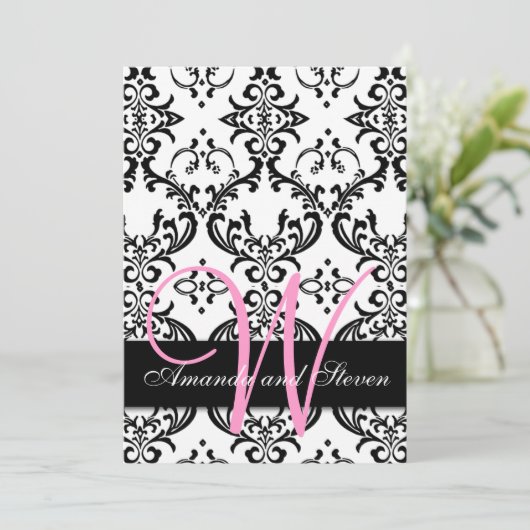 Invitation Joli monogramme rose Damas (Debout devant)
