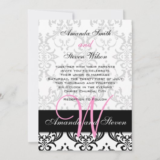 Invitation Joli monogramme rose Damas (Dos)