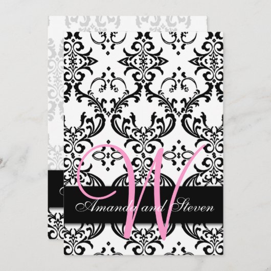 Invitation Joli monogramme rose Damas (Devant / Derrière)