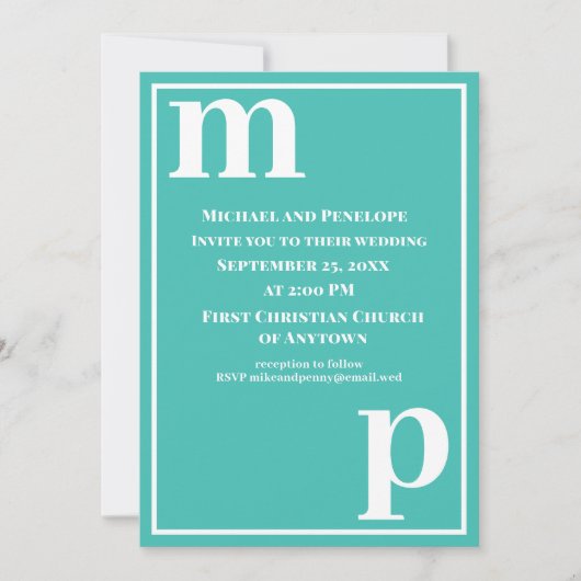 Invitation Joli Monogramme tendance Mariage bleu turquoise (Devant)