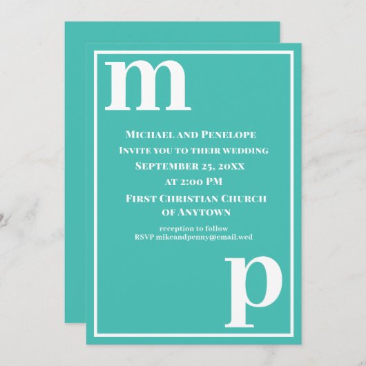 Invitation Joli Monogramme tendance Mariage bleu turquoise (Devant / Derrière)