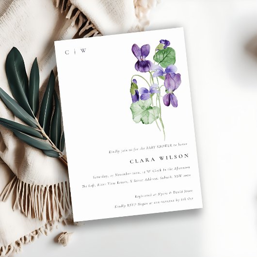 Invitation Joli Monogramme Violet Baby shower Floral Bund