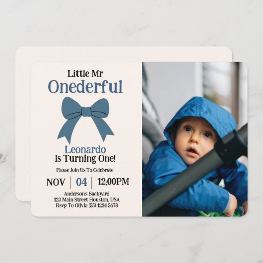 Invitation Joli Monsieur Onederful Blue Bow Boy 1er Anniversa (Devant / Derrière)
