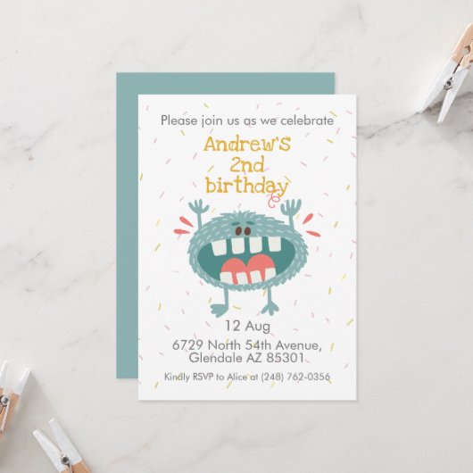 Invitation Joli Monster Turquoise Anniversaire (Devant/Arrière en situation)