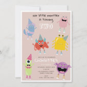 Invitation Joli Monstres colorés Filles roses Fête d'annivers (Devant)