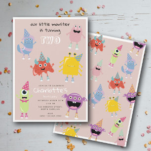 Invitation Joli Monstres colorés Filles roses Fête d'annivers
