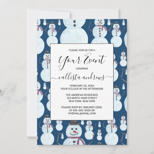 Invitation Joli motif aquarelle d'un bonhomme de neige bleu g (Devant)