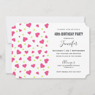 Invitation Joli motif de cœurs roses et verts pour anniversai