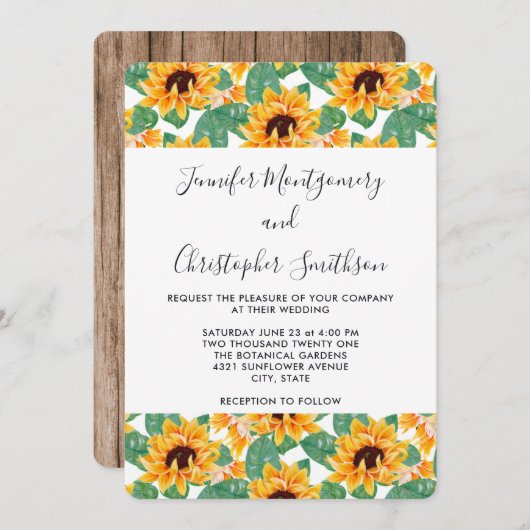 Invitation Joli Motif de tournesol Jaune et Mariage vert (Devant / Derrière)