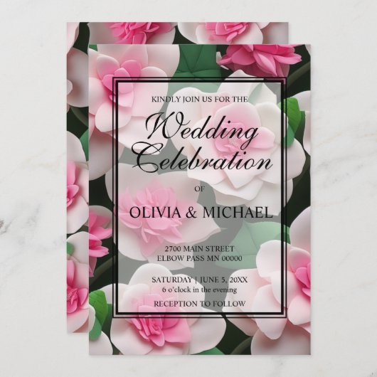 Invitation Joli motif fleuri rose boho (Devant / Derrière)