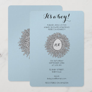 Invitation Joli Nid Monogramme Baby shower bébé garçon