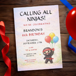 Invitation Joli Ninja Tenant des Ballons Colorés Anniversaire