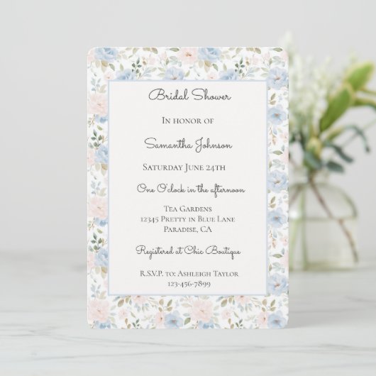 Invitation Joli Nœud dans Fleurs de Teinte Bleue Mariage (Debout devant)