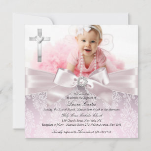 Invitation Joli nœud et croix photo rose baptême