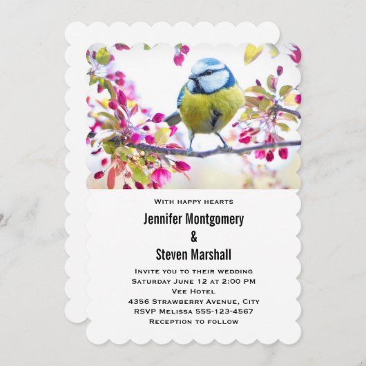 Invitation Joli oiseau bleu et jaune sur un Mariage de branch (Devant / Derrière)