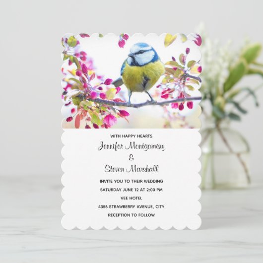 Invitation Joli oiseau bleu et jaune sur un Mariage de branch (Debout devant)