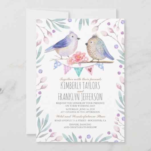 Invitation Joli oiseau Couple Rose Floral Tree Mariage (Devant)