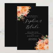 Invitation Joli Orange Floral Élégant Mariage noir (Devant / Derrière)