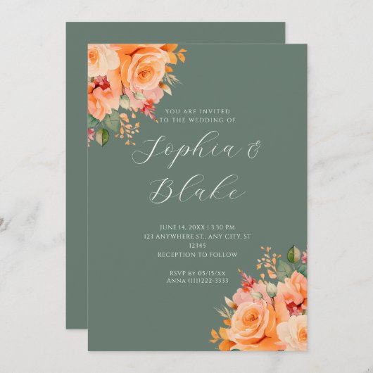 Invitation Joli Orange Floral Élégant Mariage Vert (Devant / Derrière)