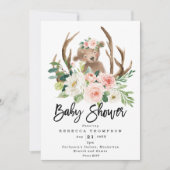 Invitation joli ours boho baby shower moderne fleuri (Devant)