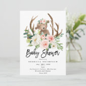 Invitation joli ours boho baby shower moderne fleuri (Debout devant)