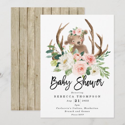 Invitation joli ours boho baby shower moderne fleuri (Devant / Derrière)