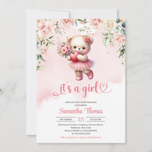 Invitation Joli ours en peluche fille avec coeur et fleurs (Devant)