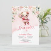 Invitation Joli ours en peluche fille avec coeur et fleurs (Debout devant)