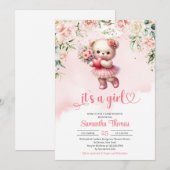 Invitation Joli ours en peluche fille avec coeur et fleurs (Devant / Derrière)