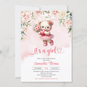 Invitation Joli ours en peluche fille avec coeur et fleurs