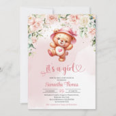 Invitation Joli ours en peluche fille joueuse en baby shower (Devant)