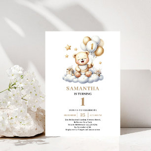 Invitation Joli Ours en Peluche pour 1er Anniversaire Ballons